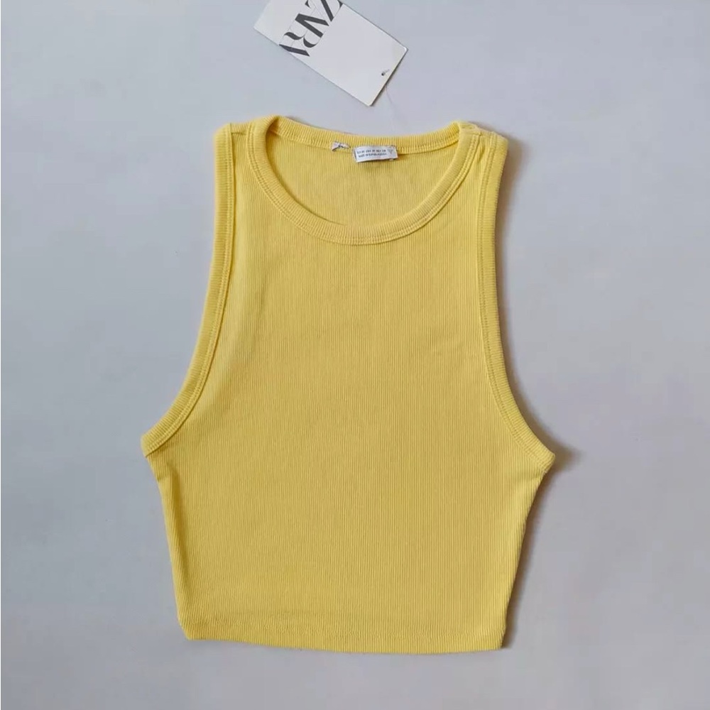 Zara Yellow Cropped Fitted Tank Top